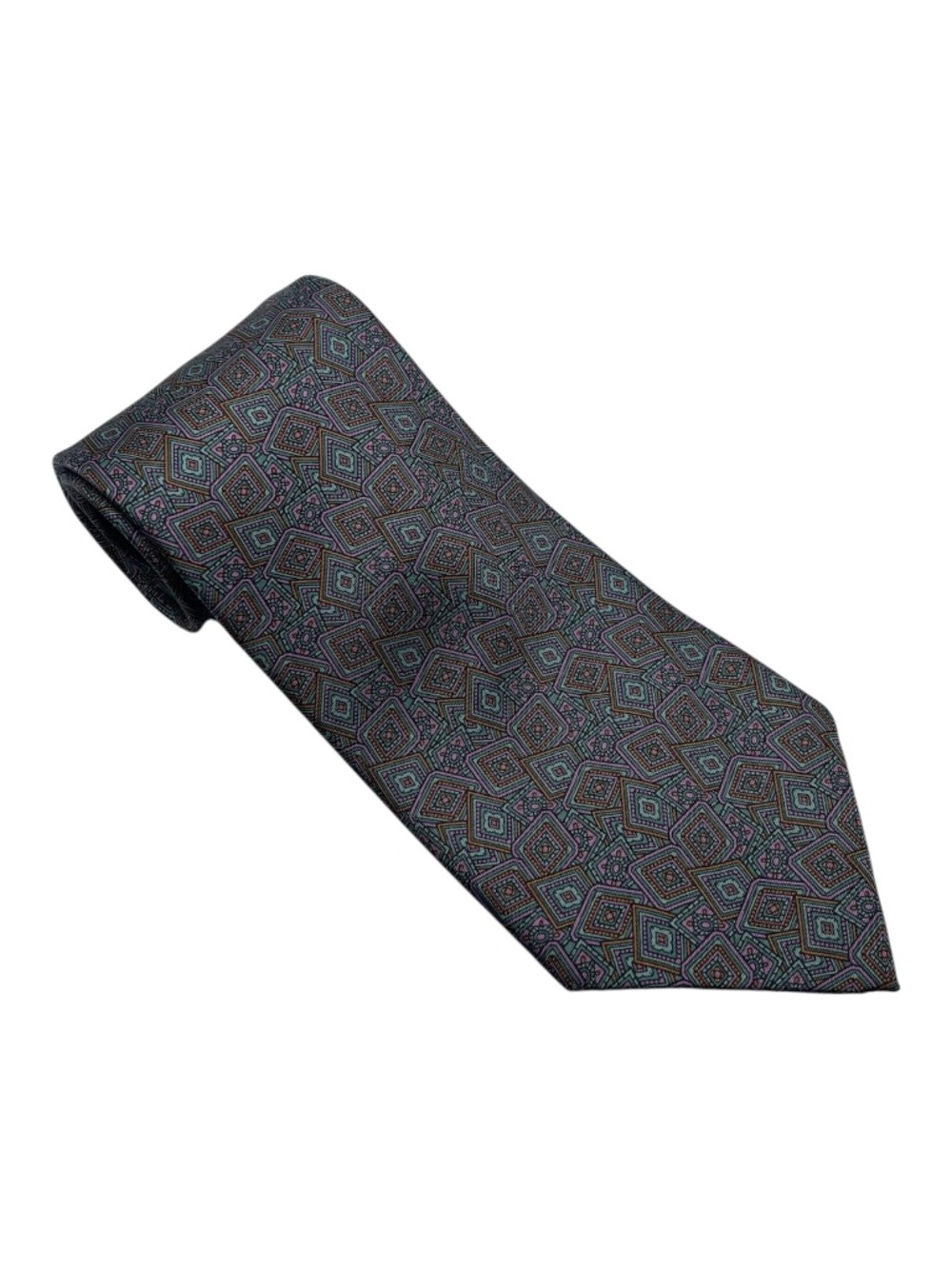 Oscar de la Renta Vintage Silk Tie Multicolour Diamond Pattern Lilac Orange Teal